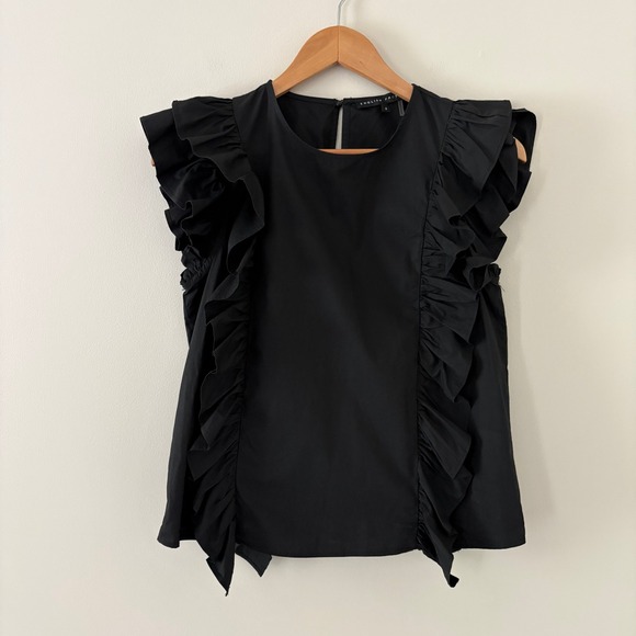 English Factory Tops - English Factory Betty Poplin Blouse S Black Ruffle Flutter Sleeve Cotton Boxy